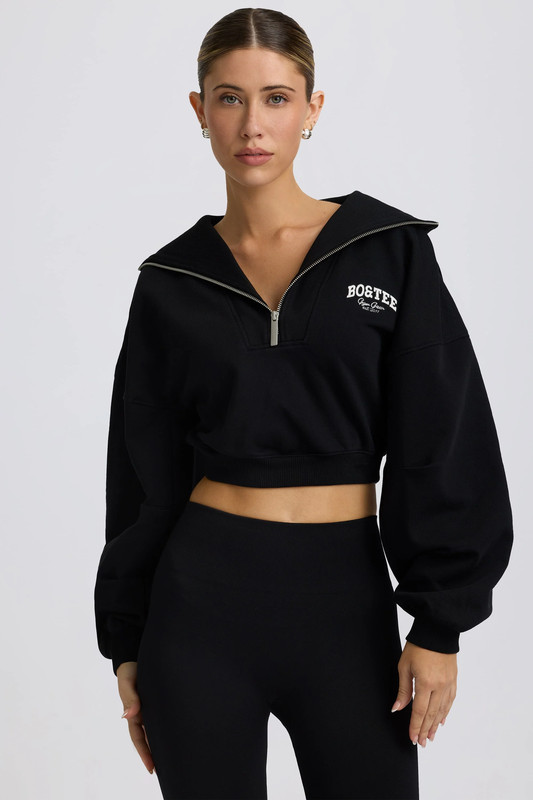 Quarter-Zip Cropped Sweatshirt in Black - Size:L